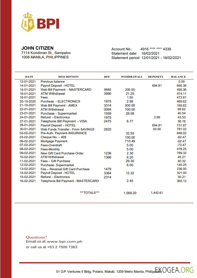 Modèle de relevé bancaire de preuve d'adresse de la Banque des Philippines des Îles Philippines au format Word et PDF